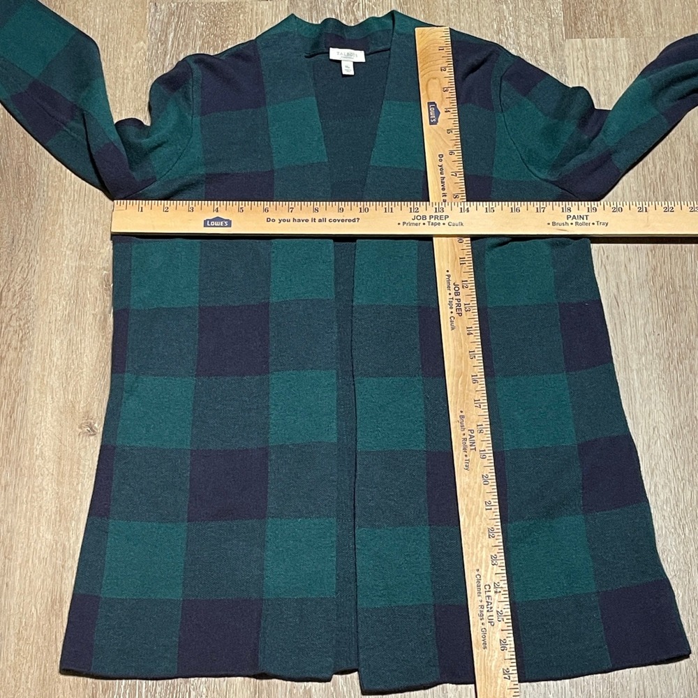 Talbots M Petites Green Navy Buffalo Plaid Open Front Knit Cardigan Sweater EUC - Picture 5 of 5